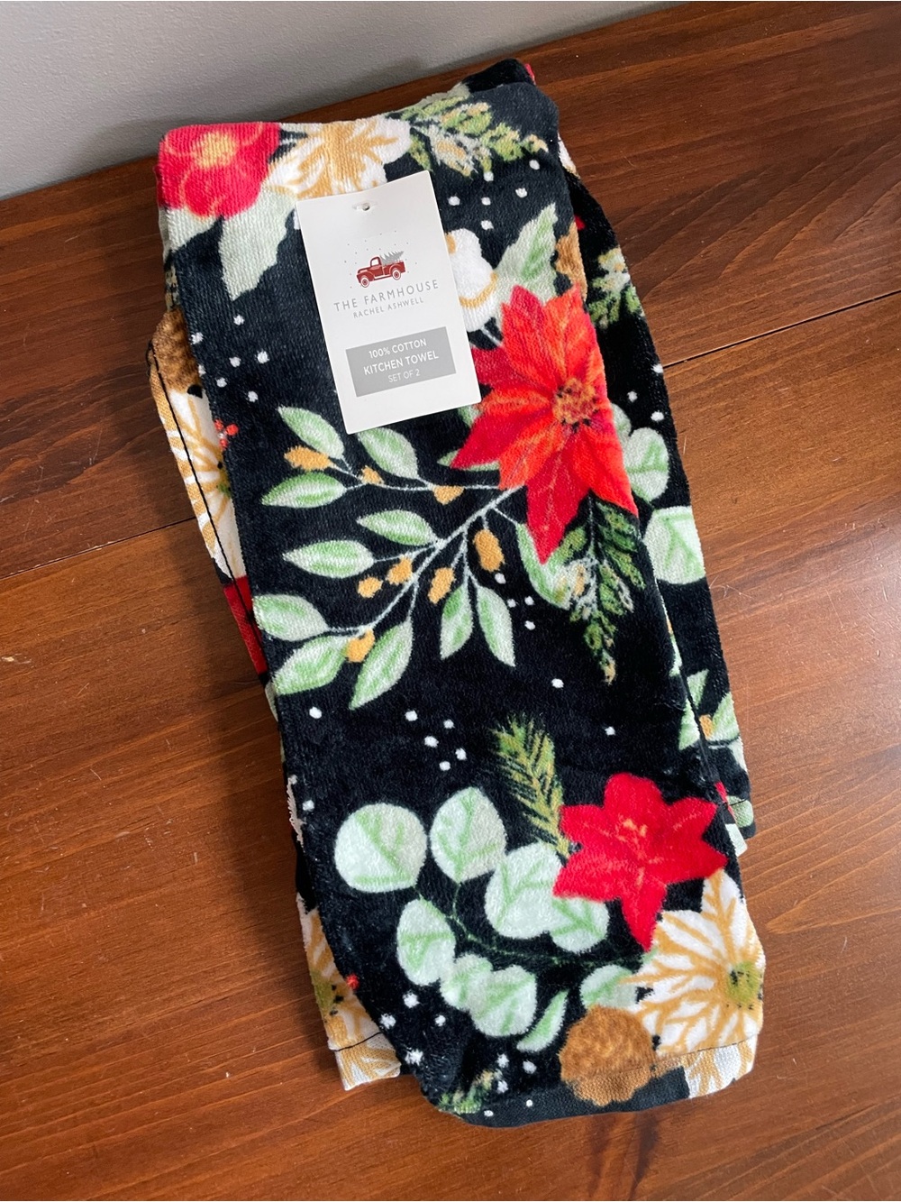 New Floral Poinsettia Black Cotton Holiday Kitchen Towels - Set of 2